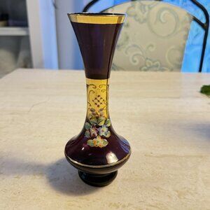 Vintage Amethyst Purple Glass Vase Hand Painted Floral Gold Enamel 7"